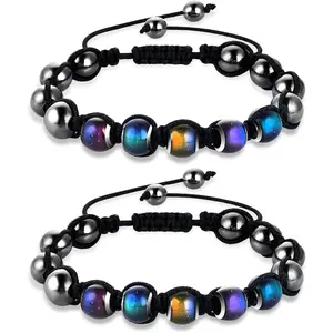 2 Pieces Adjustable Mood Bracelet Dazzling Shimmer Color Changing Beads Yoga Beads Bracelet for Men Women