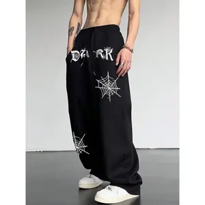 Men's Spider Web & Letter Print Drawstring Waist Pants, Street Fashion Regular Fit Pocket Straight Leg Casual Streetwear Trousers for Daily Wear, Men's Bottoms for All Seasons
