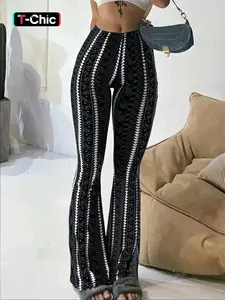 Women's Geometric Print Flared-Leg Knit Fitted Pants, Summer Casual Comfy Chic Trousers for Daily Wear, Ladies Bottoms for All Seasons