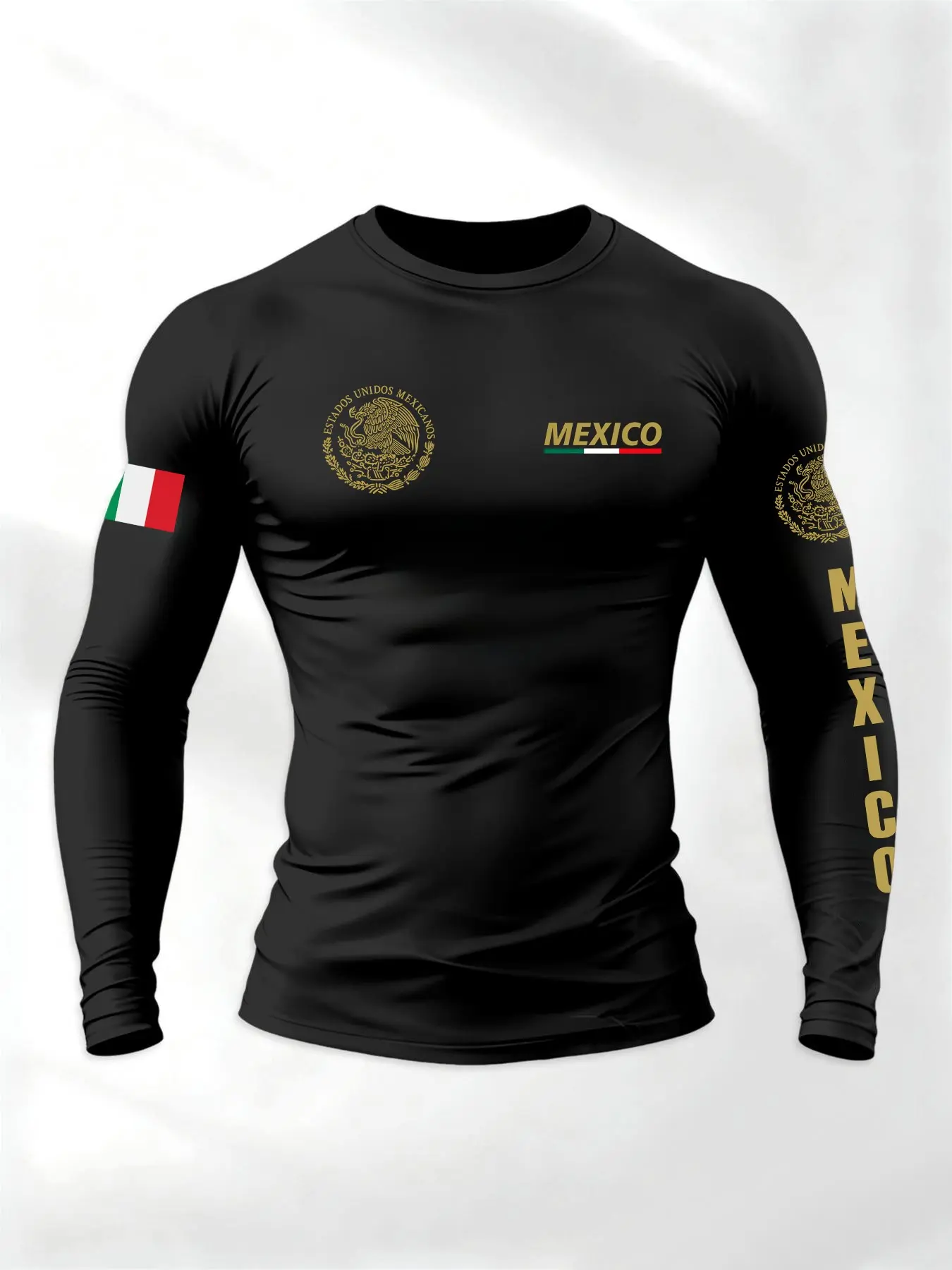 Men's Mexico National Emblem and Flag Print Compression Long-Sleeve T-Shirt, Slim-Fit Breathable Top, Activewear for Casual and Sports Wear, Athletic Apparel