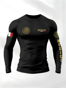 Men's Mexico National Emblem & Flag Print Compression Long-Sleeve T-Shirt – Slim-Fit Breathable Athletic Top, Athletic Apparel, Compression Sportswear for Casual & Sports Wear Activewear T Shirt