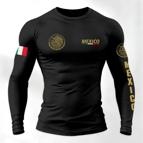 Men's Mexico National Emblem and Flag Print Compression Long-Sleeve T-Shirt, Slim-Fit Breathable Top, Activewear for Casual and Sports Wear, Athletic Apparel