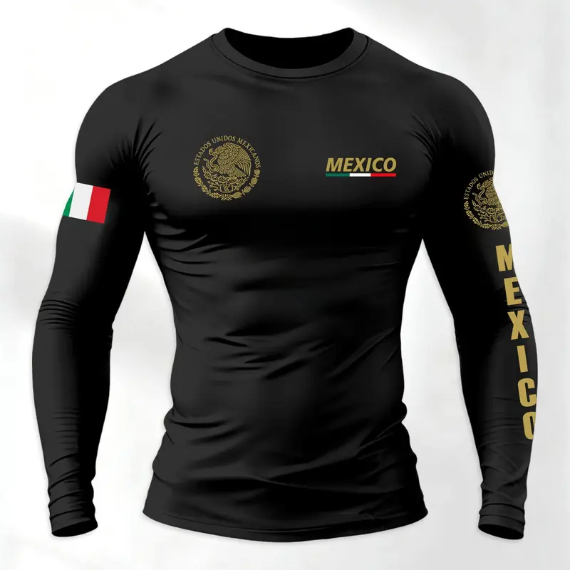 Men's Mexico National Emblem and Flag Print Compression Long-Sleeve T-Shirt, Slim-Fit Breathable Top, Activewear for Casual and Sports Wear, Athletic Apparel