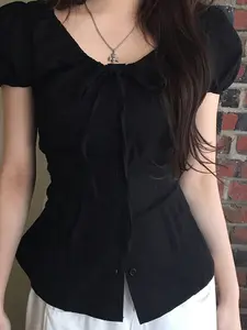 Sweet Pure Desire Ruffled Square Neck Slim Fit Shirt Blouse for Women, Tie Front Single Button Accordion Pleats Summer Short Sleeve Top