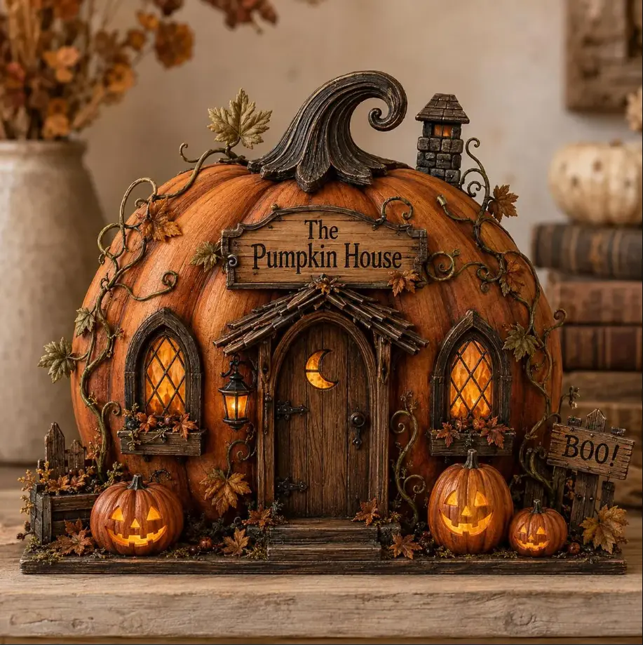 Pumpkin House Wooden Block, Layered Halloween Mantel and Shelf Decor