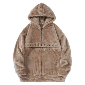 Men’s polar fleece embroidered hoodie, deep khaki fleece with black letter embroidery on the collar, half-zip design, suitable for skiing, skateboarding, and other outdoor activities