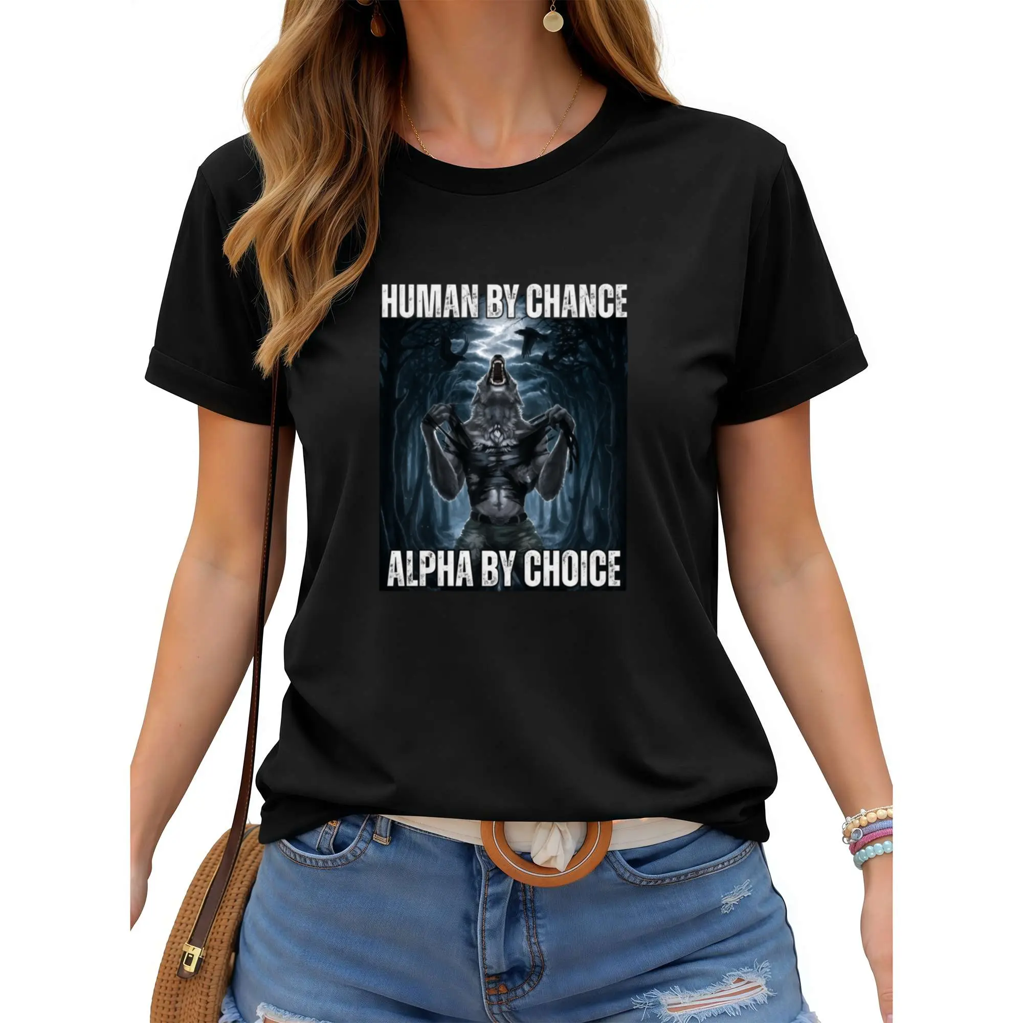 Women's Vintage Round Neck Short-Sleeve Graphic Tee - Funny "Alpha By Choice" Wolf Meme Print, Unisex Casual Streetwear Meme Shirt, Shortsleeve, Top, Tops, Funny Shirts, Unisex Cut, Funny T-Shirts Meme, Wolf Print