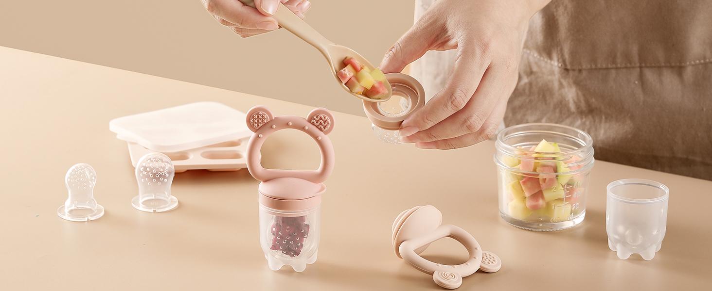 2 Pack Silicone Baby Fruit Feeder & Breastmilk Popsicle Mold with Mini Freezer Tray – Baby Teething Relief, Fresh Food Feeder Pacifier for Infant Self Feeding, Extra Food Pouches, Pink