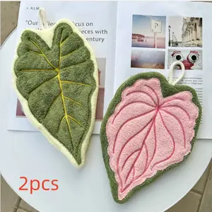 2pcs Coral Fleece Leaf Hand Towels, Cute Absorbent Thick Kitchen Cloths, Gift Wrapping Paper Napkins, Ideal for Home Use