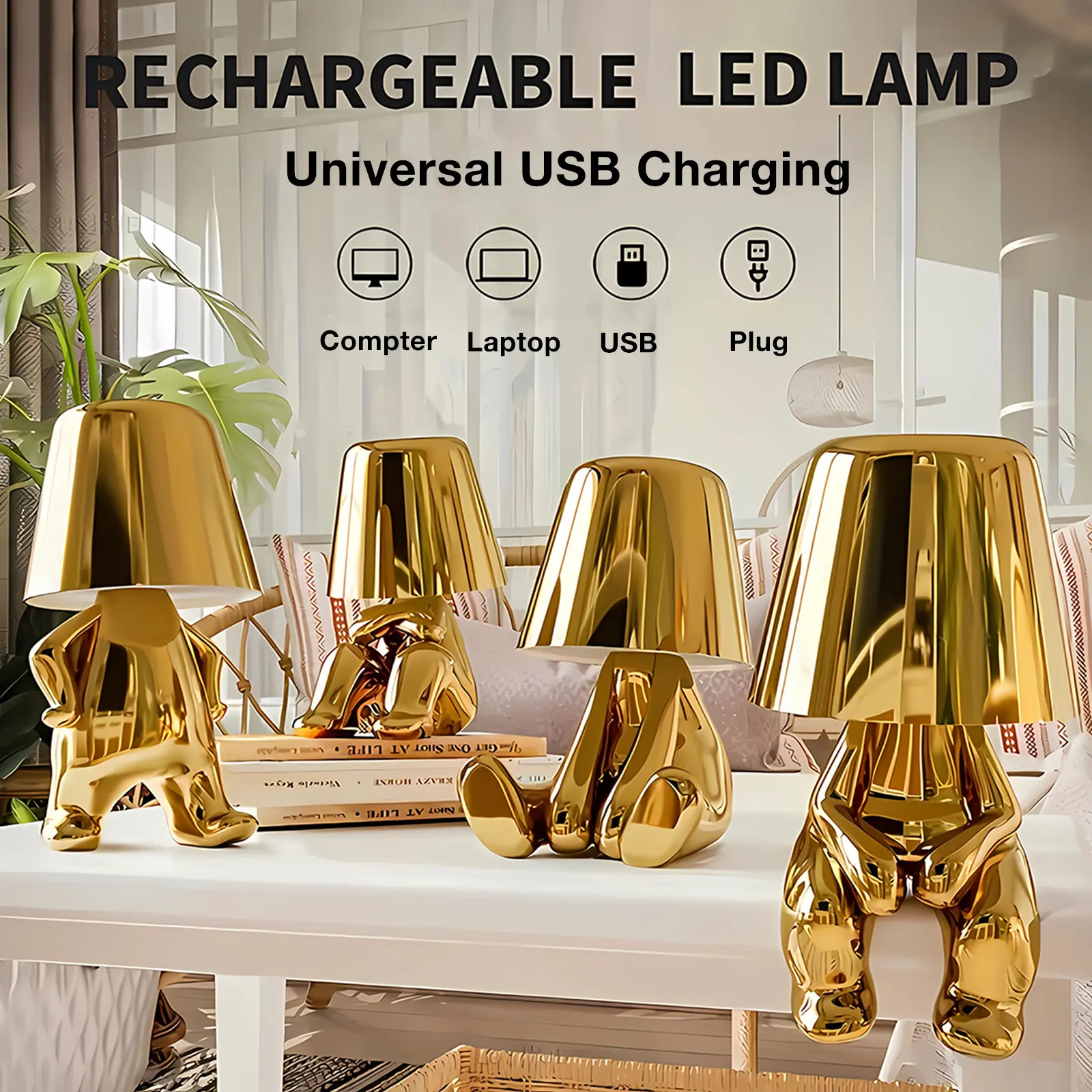 Bedside Touch Control Table Lamp, Thinker Golden Man Statue LED Table Lamp, USB Rechargeable, 3-Speed Dimmer, Home Living Room Office Decorative Table Lamp.