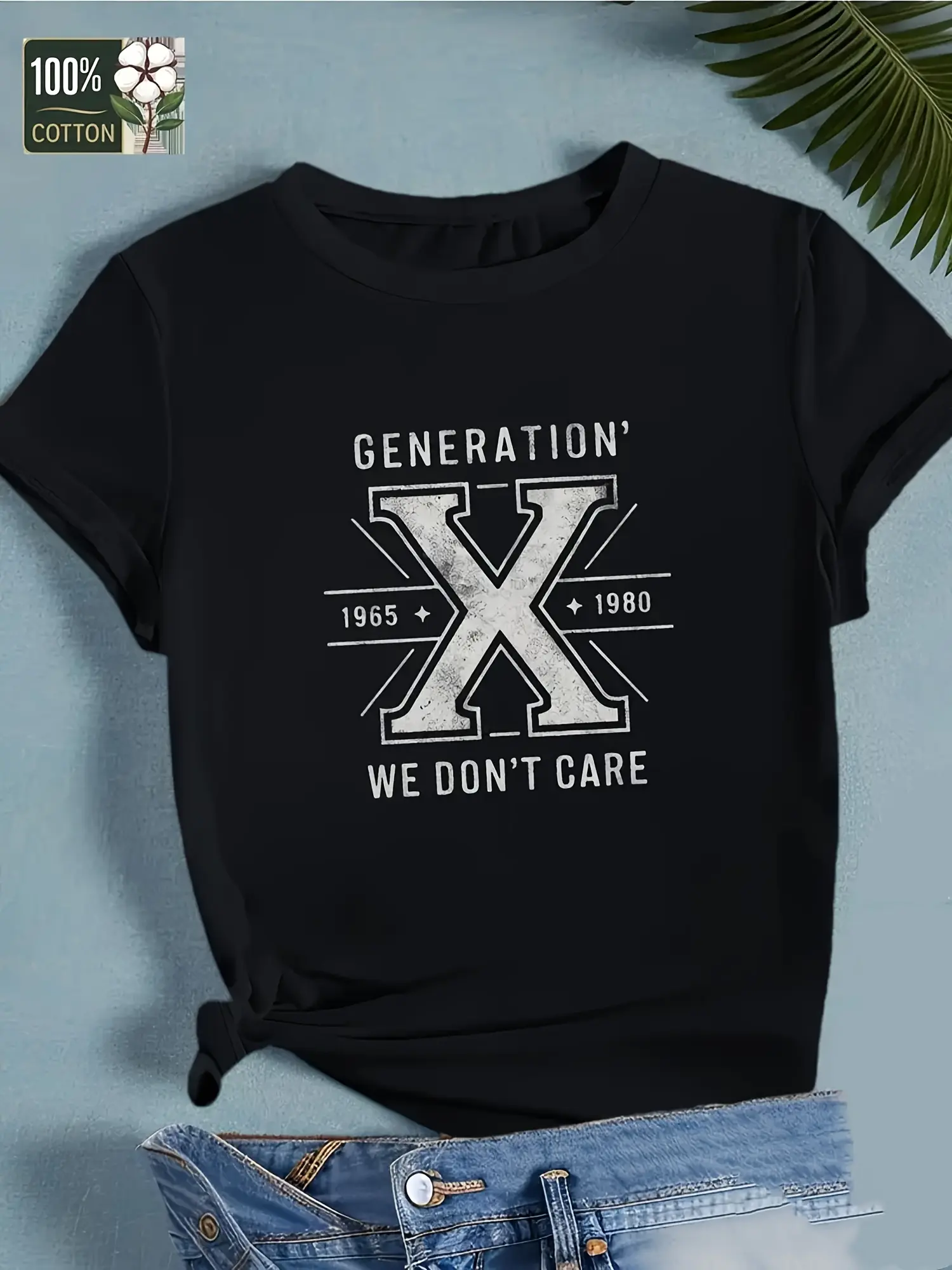Women's Gen X 1965-1980 Vintage Graphic T-Shirt - "We Don't Care" Bold Retro Design, Soft Breathable Cotton, Relaxed Fit Short Sleeve Round Neck Casual Tee, Black with White Lettering, Machine Washable, Casual Wear Tee |   Casual Style Tshirt |   Machine