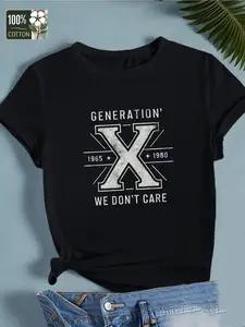 Women's Gen X 1965-1980 Vintage Graphic T-Shirt - "We Don't Care" Bold Retro Design, Soft Breathable Cotton, Relaxed Fit Short Sleeve Round Neck Casual Tee, Black with White Lettering, Machine Washable, Casual Wear Tee |   Casual Style Tshirt |   Machine