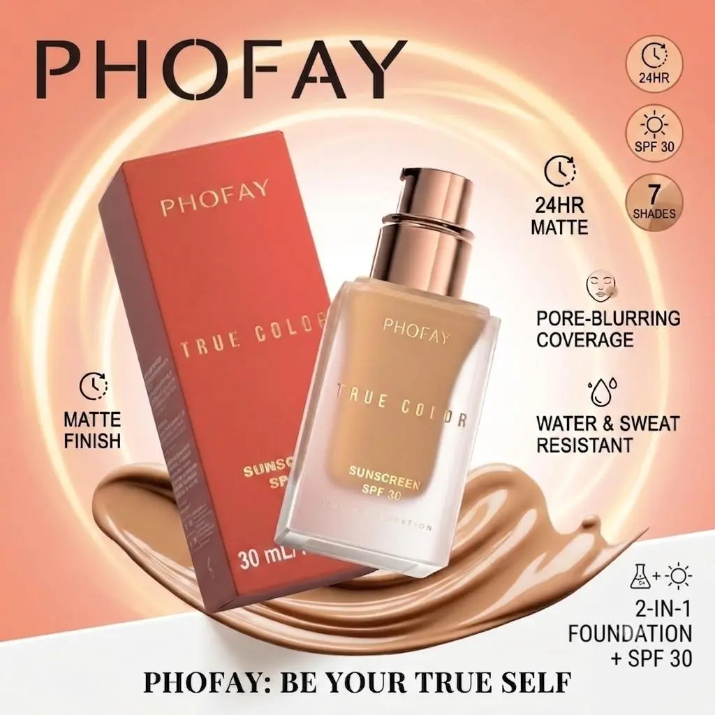 PHOFAY 2-In-1 Cosmetic Sunscreen Foundation SPF 30 - SPF Lightweight Foundation, Sun Protection, Natural Matte Makeup Finish, Soft Matte Coverage, 24H Wear, Waterproof, Sweatproof, Anti-Blue Light, Hides 98% Imperfections, Softens 91% Wrinkles, Breathable
