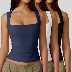 【3 Pieces】QINSEN Women's Square Neck Sleeveless Double-Layer Tank Tops Basic Tight T Shirts short