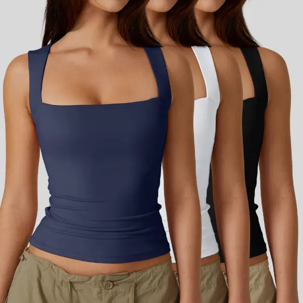 【3 Pieces】QINSEN Women's Square Neck Sleeveless Double-Layer Tank Tops Basic Tight T Shirts short