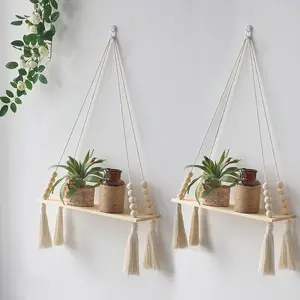 Bohemian Wooden Plant Hanger, Wall Mounted Storage Rack, Cotton Rope Hanging Shelf, Floating Shelf, Decorative for Living Room, Bedroom, Bathroom
