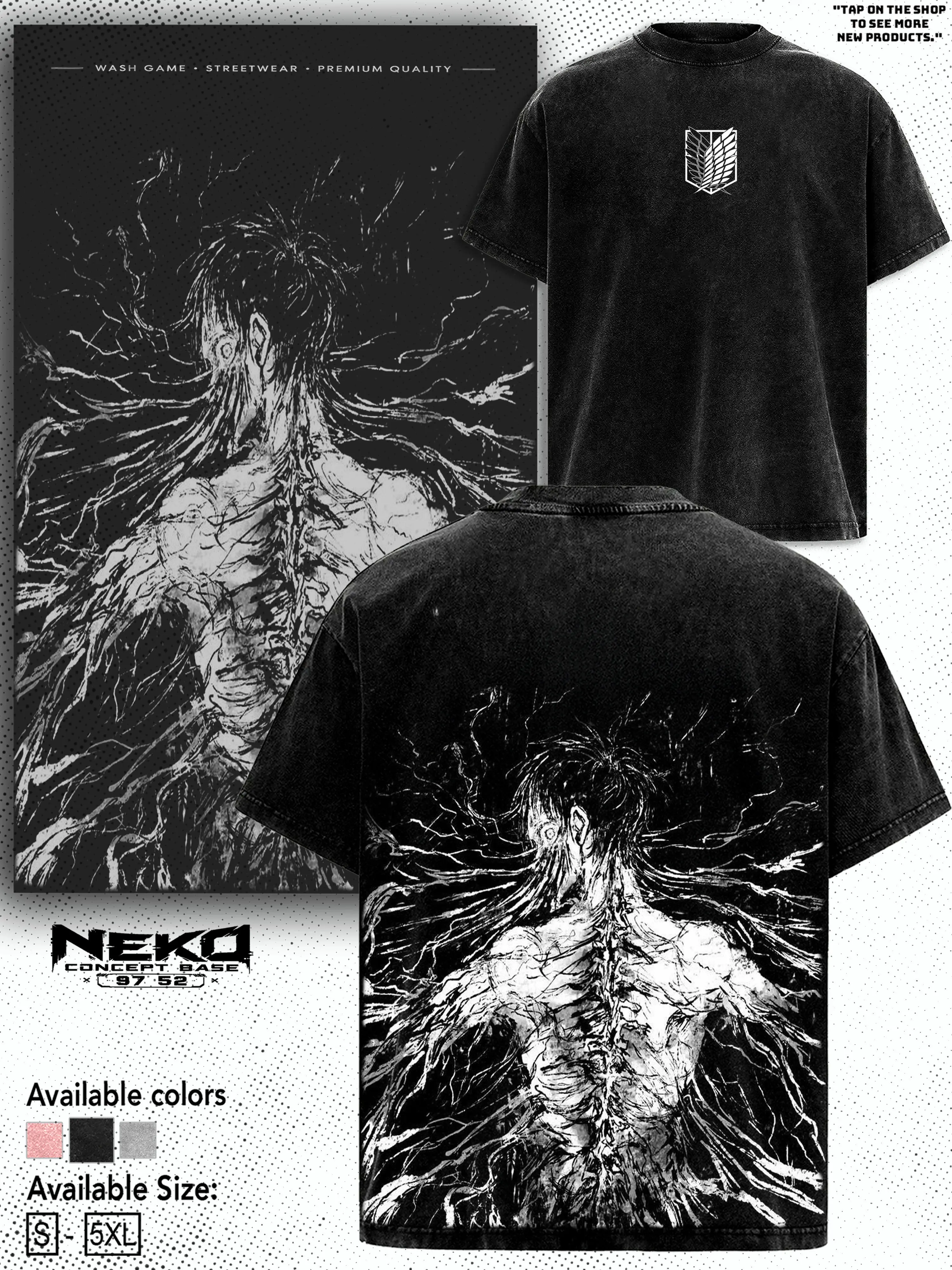 Attack on Titan Eren Cotton Washed T-shirt, 100% Cotton, Direct-to-Garment Printed T-shirt, Survey Corps Cosplay Short Sleeve Comfortable Unisex Top Men's T-shirt Streetwear Tropical Loose Casual Style