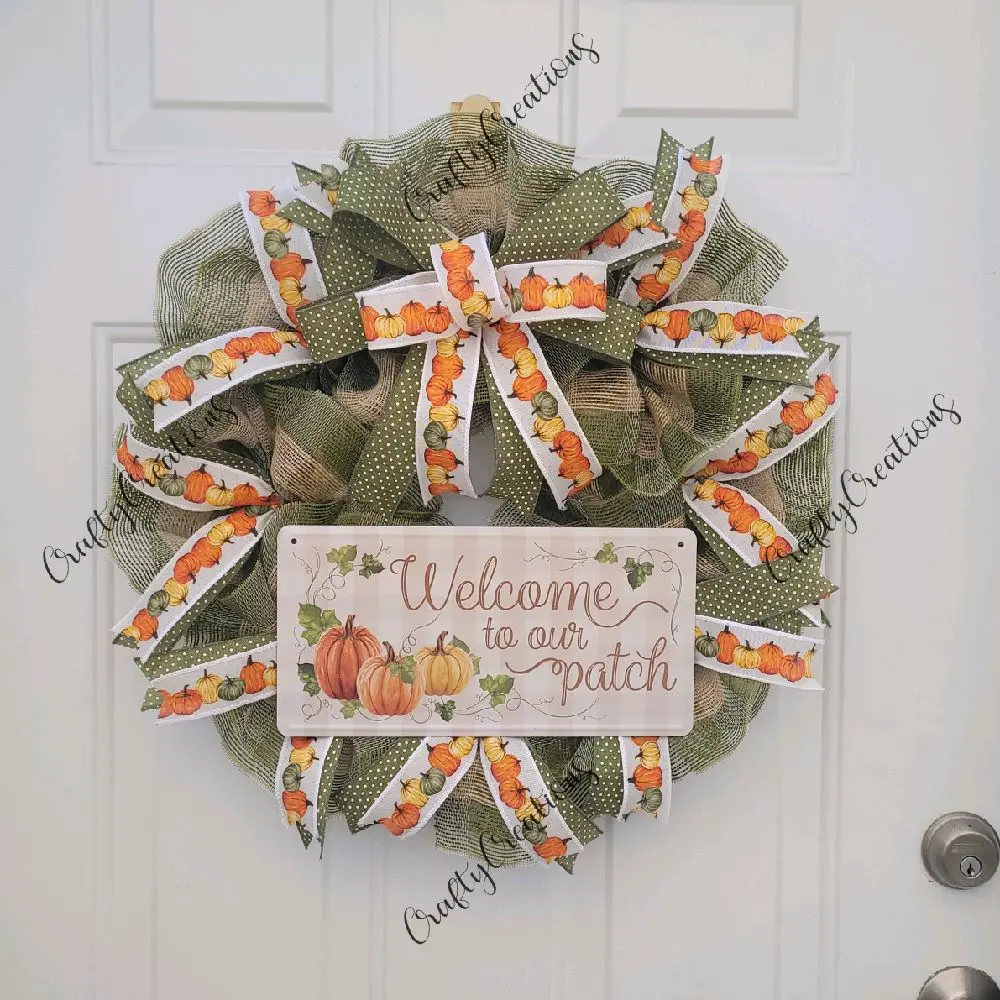 Crafty Creations Fall Wreath with Welcome to Our Patch Sign and Pumpkin Design for Autumn Decor