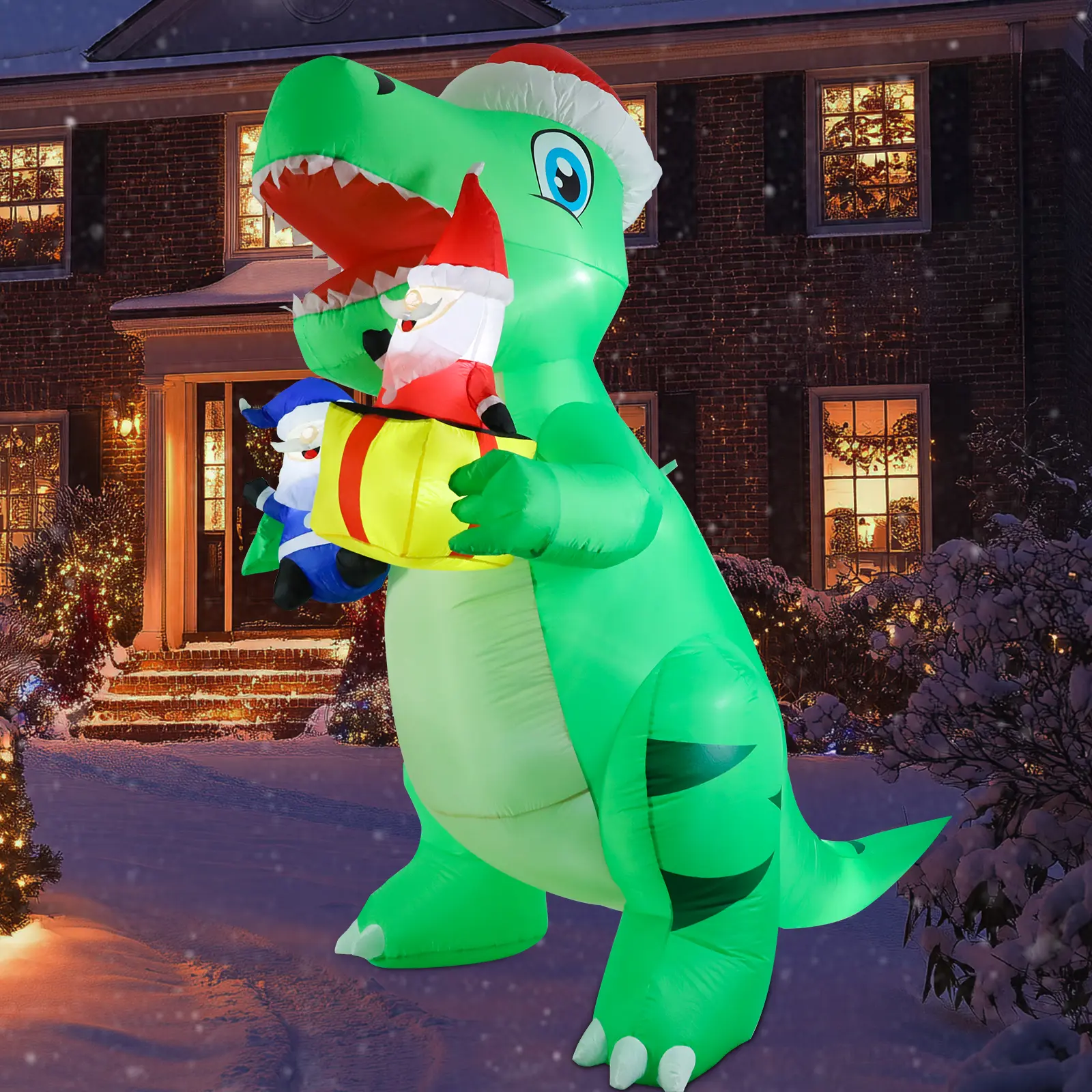 MUMTOP 8FT Durable Waterproof Luminous LED Whimsical Christmas Inflatable Dinosaur Decoration - Santa Figure, Gift Figures, Blower, Stakes, Ropes Included for Outdoor Lawn Holiday Use, Kids-Friendly LED Lights, Adult