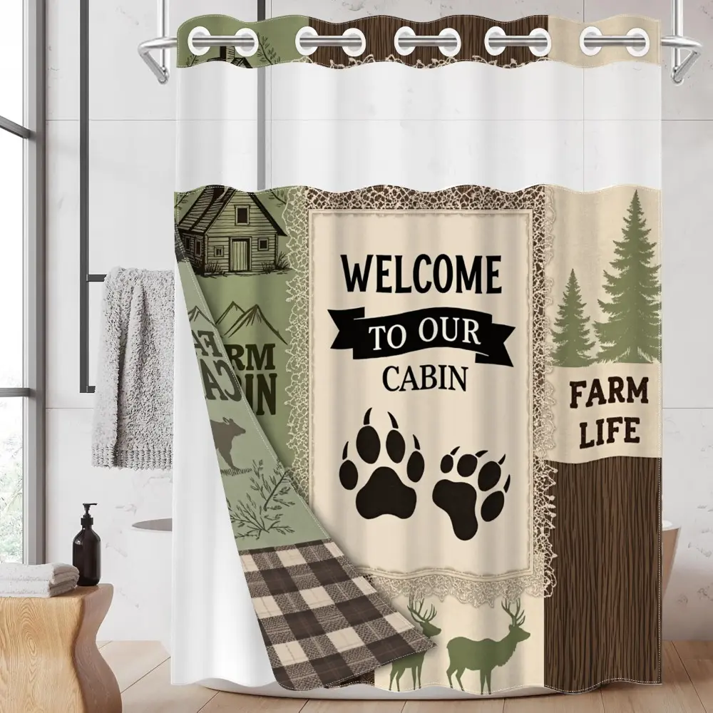 1pc hookless shower curtain with buckle lining, brown bear and deer paw print cabin design 2D flat printing, fabric waterproof lining, see-through double-layer, Bathroom No Hook shower curtain, 71 x 74 inches, modern home curtain