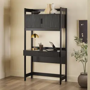 Walker Edison WEHOL42OS3BL0 Holmes Modern Writing Desk with Outlet & USB Port, Reeded Drawer & Hutch Storage - Black, Composite Wood Desks, Drawers Desks
