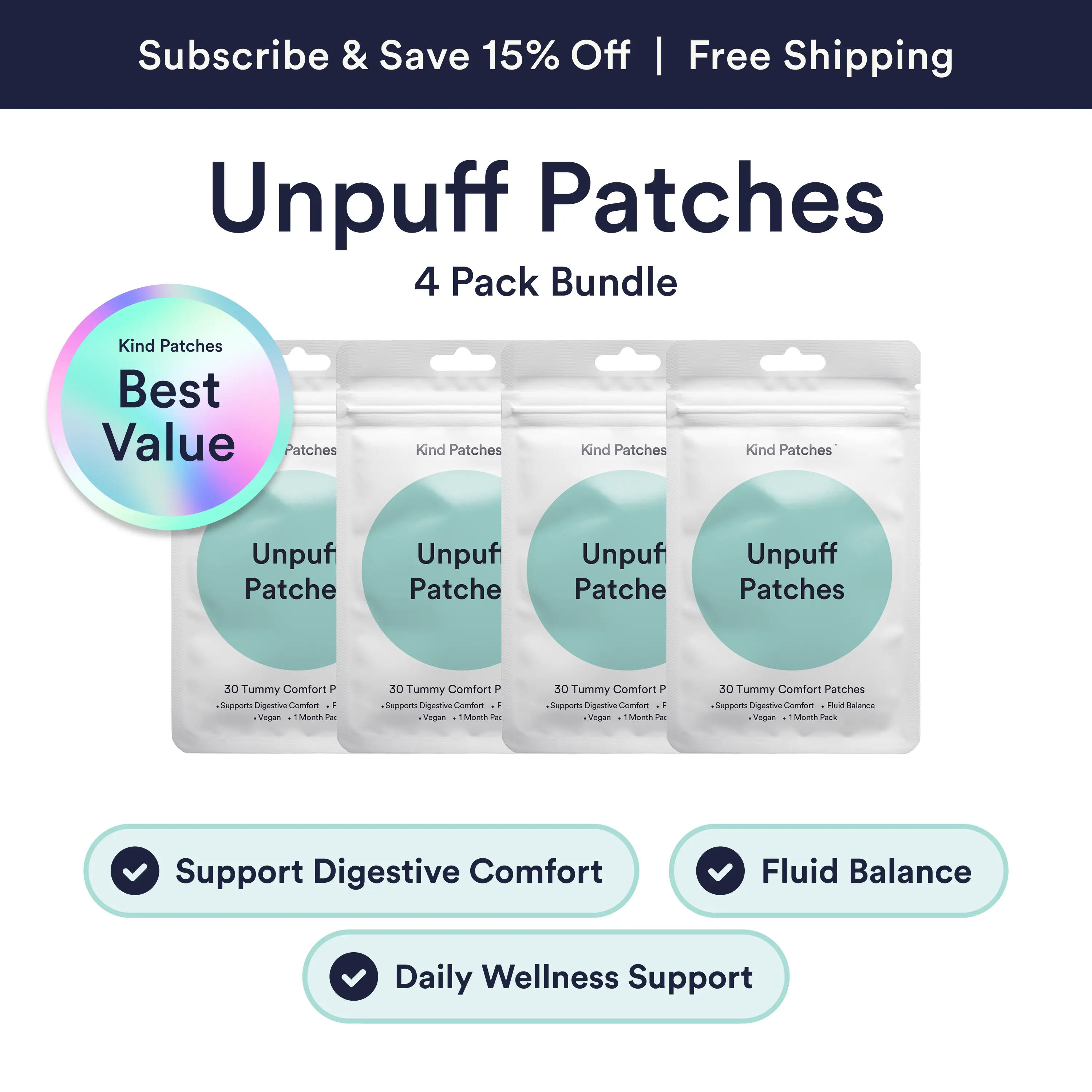 Kind Patches, Puff Away Pack, 120 Tummy Comfort Patches: Support Digestive Comfort, Fluid Balance, Vegan, 4 Months Pack