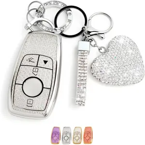 Key Fob Cover with Diamond, Compatible with Mercedes-Benz A C E S CLA CLS GLA GLB GLC GLS Class AMG G63 2017-2025, Sparkling TPU Key Case and Bling Heart Decoration for Women (Silver)