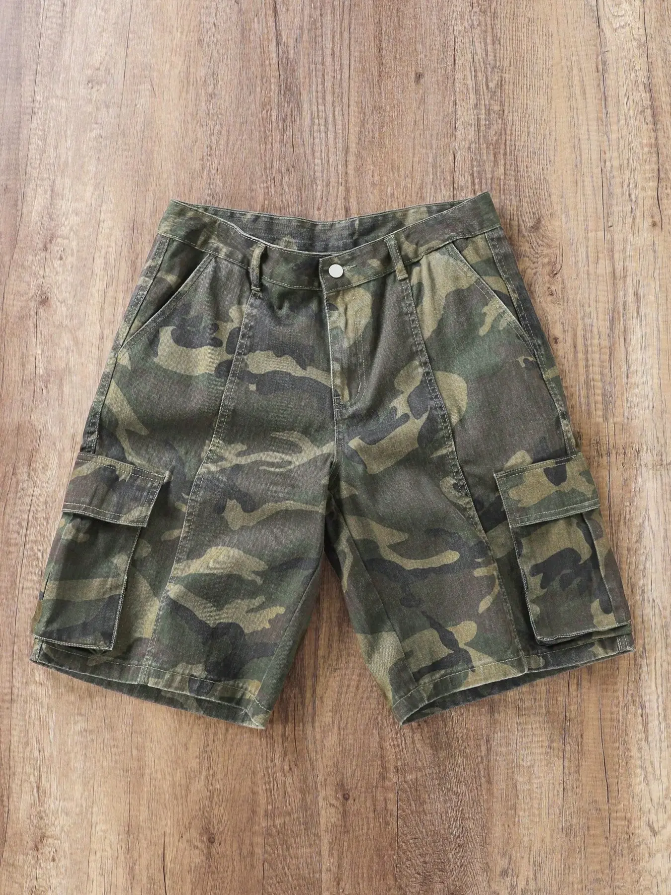 Men's Camouflage Workwear Denim Cargo Shorts, Multi-Pocket Loose-Fit Cotton Summer Shorts, Street Style Hip-Hop Fashion, Streetwear, Casual Streetwear Shorts