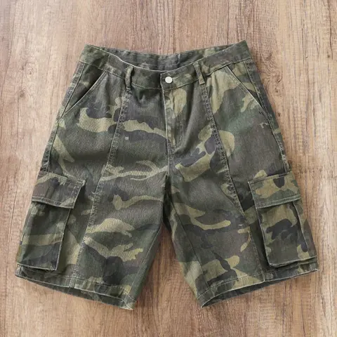 Men's Camouflage Workwear Denim Cargo Shorts, Multi-Pocket Loose-Fit Cotton Summer Shorts, Street Style Hip-Hop Fashion, Streetwear, Camouflage Print Shorts