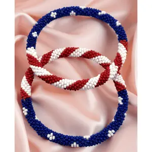 Ring  necklace  watch  scarf Set of 2 Handmade USA Flag Patriotic Color Design Bracelet Jewelry From Nepal  Glass Beaded Roll-On Crochet Bracelets for Men & Women, Boho Hippie Style, Artisan-Roll-On Bangles, Great Gift for USA Lovers Vacati