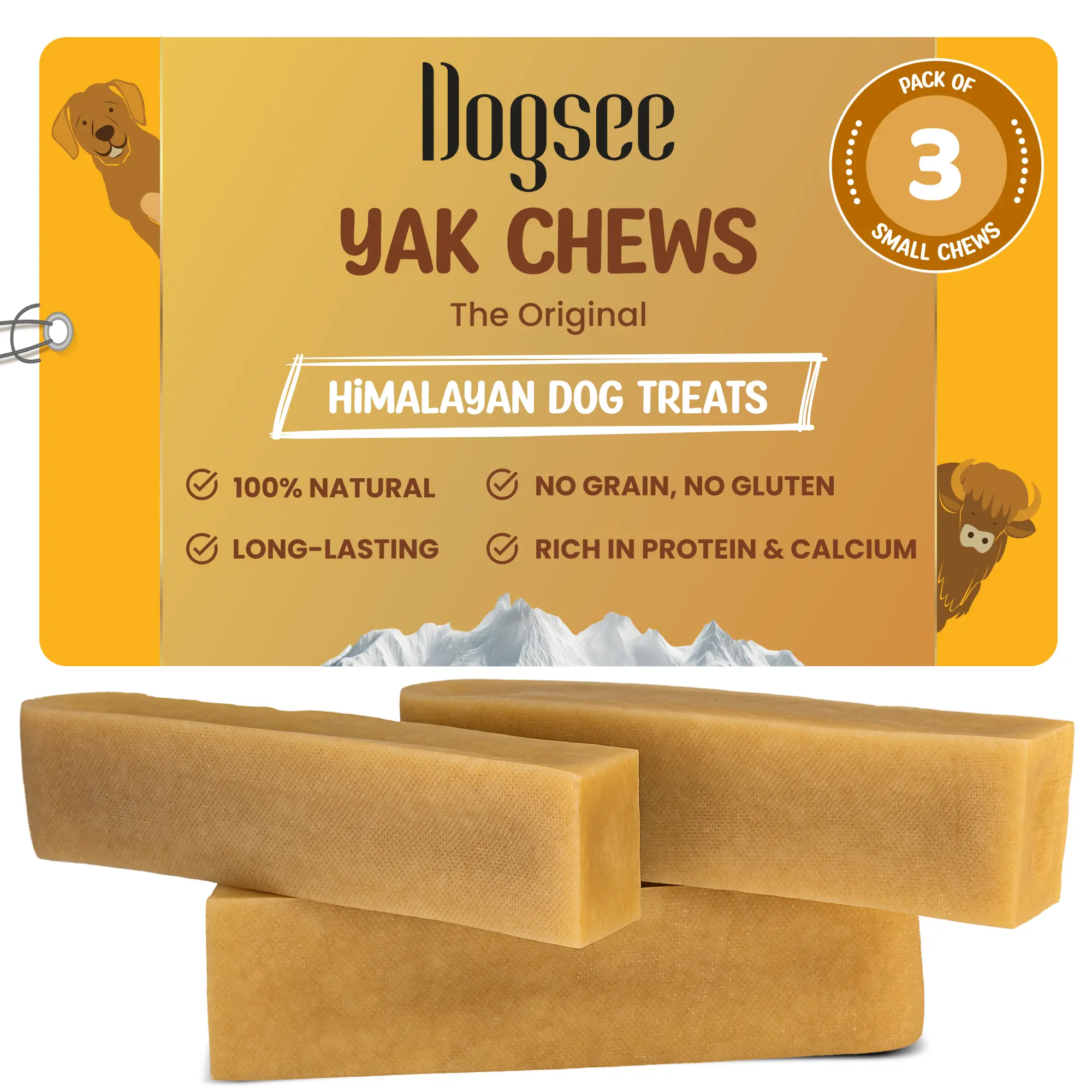Dogsee Original Himalayan Yak Cheese Dog Chews (Small - 3 Bars) | Yak Chews for Small Dogs | Rawhide Free | Easily Digestible Dog Treats