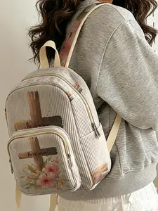 1 piece of 2D printed lady's backpack with a pattern of wooden cross and flowers, velvet texture + layered storage + light weight reduction | Suitable for students to go to class/shopping/short trips | Combines atmosphere and practicality