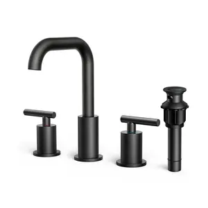 FORIOUS Bathroom Faucet with Metal Pop-up Drain Assembly Matte Black 2 Handle 3 Hole Stainless Steel Bathroom Toilet Sink Basin Faucet Water Tap