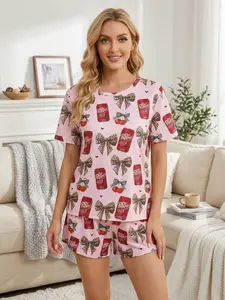 Women's Valentine's Day Bow Print Pajama Set, Easy Wear Short Sleeve Top & Loose Comfortable Shorts, Elegant Home Leisure Sleepwear, Leopard Print Pajamas