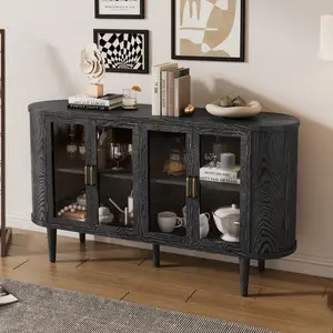 [Fahuac] Farmhouse Sideboard Cabinet with Glass Doors – Wood Buffet Cabinet with Adjustable Shelves, Oval Tabletop, Fluted Panels for Kitchen Dining Room Living Room