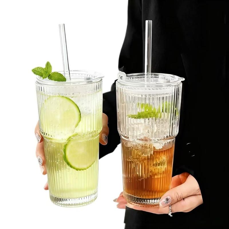Set of 2 Glass Tumblers with Lids & Straws, Premium Thick Glass Cups, Reusable Glass Cups for Iced Coffee, Smoothies, Juice & Cocktails