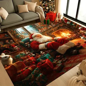 Christmas Santa by Fireplace Printed Area Rug Anti-Slip Polyester Floor Mat for Living Room Bedroom Dorm Balcony Yoga Festive Decoration Carpet Gift Crystal Rectangle