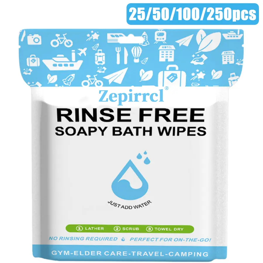 25/50/100/250pcs 11.81×11.81in Disposable No-Rinse Towels, Soap-Infused Foam Towels, Suitable for Sensitive Skin – All-in-One Shower Wipes. Just wet, lather and dry; no shampoo or rinsing required. Portable for outdoor travel, workouts and fitness.