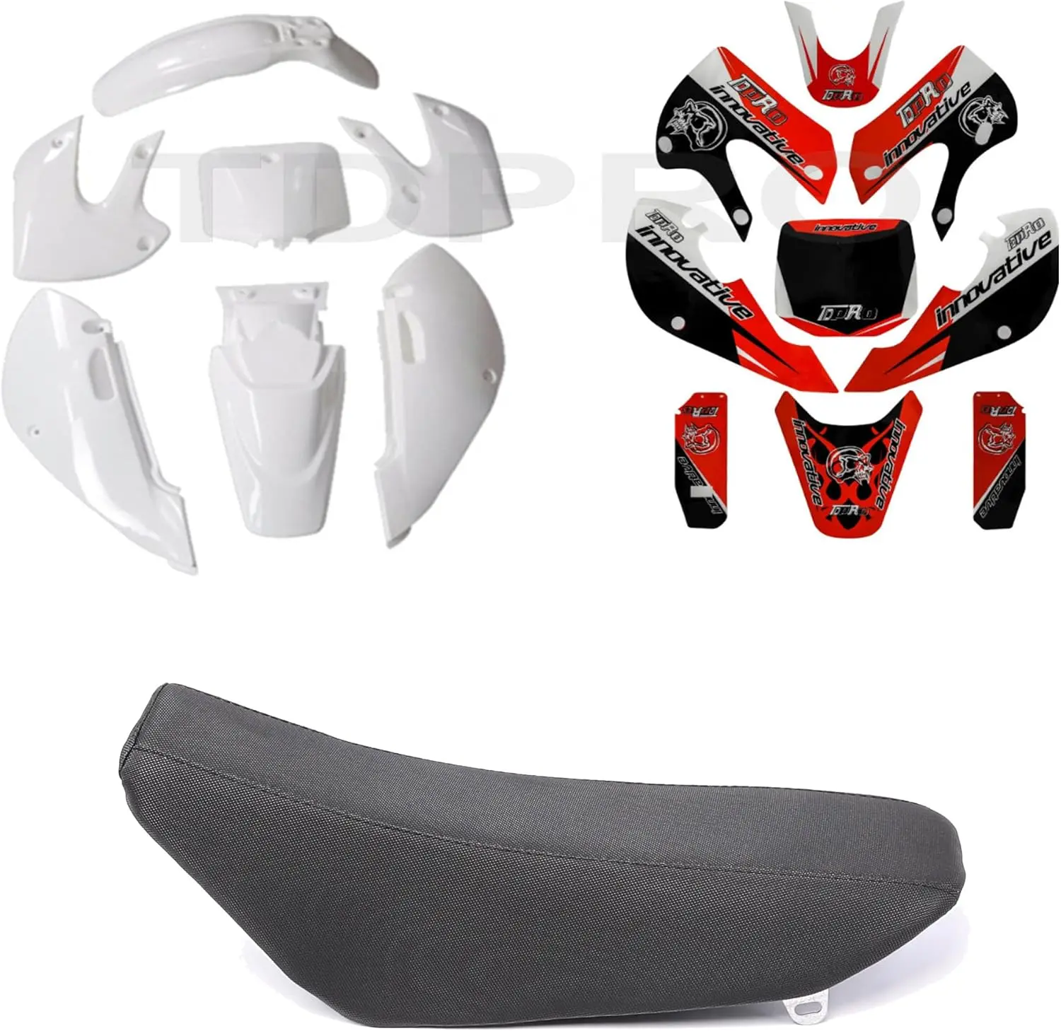 White Fairing Kit Plastic Fender & Tall Seat & Graphics Set for KLX110 KX65 KLX 110 KX 65 DRZ110 RM65 110cc 125cc 140cc 150cc Pit Dirt Bike Motorcycle Body Work Kit