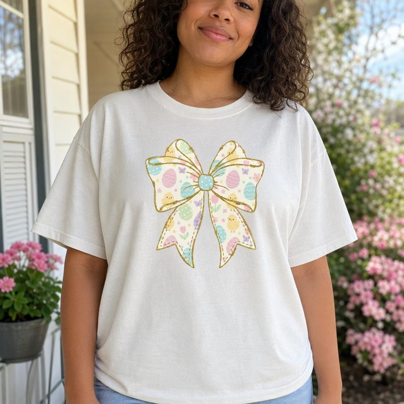 Women's 100% Cotton Coquette Easter Bow Graphic Print Short Sleeve Crew Neck Drop Shoulder Tshirt, Pastel Tops for Women, Spring Casual Wear