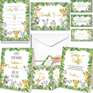 127 Pc Jungle Safari Baby Shower Invitations For Boy And Girl With Envelopes, Thank You Cards, Baby Book Request Cards, Diaper Raffle Tickets & Sign, Guess How Many Baby Shower Game -25 Guest Set