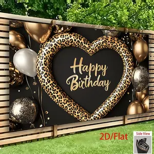 Leopard Heart Happy Birthday Banner - Golden Glitter Balloons & Confetti Design, Durable Polyester Fabric Backdrop for Indoor/Outdoor Parties, Weddings, Birthdays, Bars, Home & Office Decor, Birthday Decoration, Outdoor Celebration, Party Backdrop White