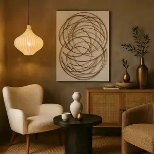 Abstract Gold Metal Overlapping Circle Design Home Wall Decor with White Wood Backing