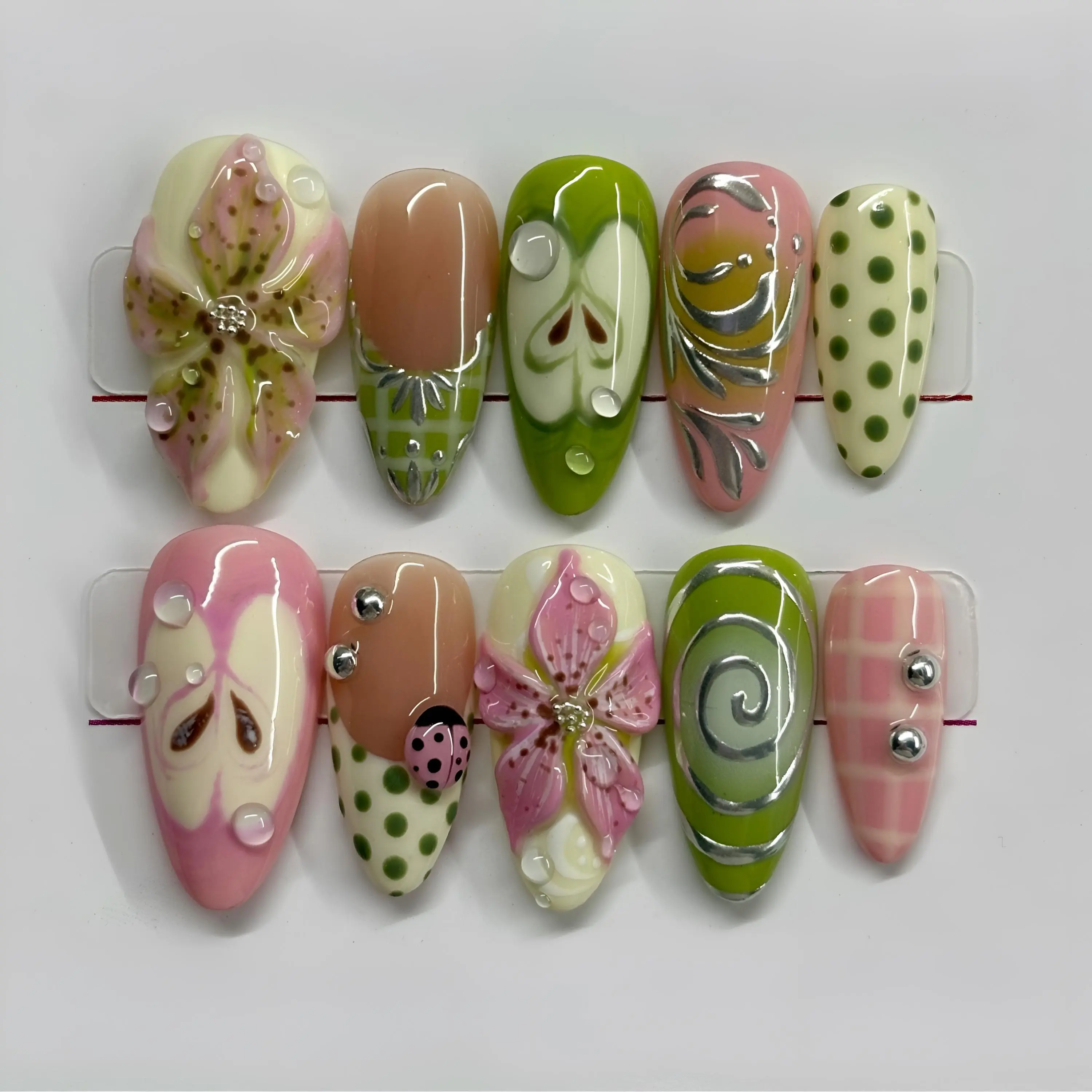 [LIMITED LAUNCH DEAL] Handmade Spring Gardencore Press On Nails | 3D Flowers, Ladybug and Polka Dots | Pastel Floral Artcore Nail Set for Retro Aesthetic