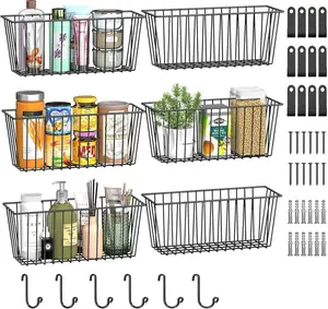 6 Pack Wire Basket Wall Mount Baskets Hanging Baskets, Cabinets Organizer and Storage with Hooks for Kitchen, Garage and Bathroom