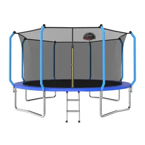 8/10/12/14FT Blue Heavy Duty Reinforced Thickened Outdoor Regular Playground Trampoline with Ladder & Basketball Hoop