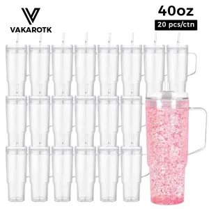 VAKAROTK 20pcs 40oz Snow Globe Acrylic Handle Tumbler, Double-Wall Plastic Cup with Handle Straw, DIY Glitter Gift Drinkware Bottle summervibes☀️