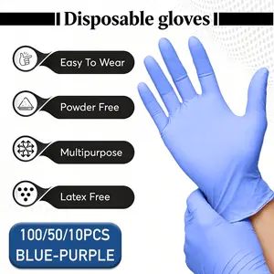 100/50/10pcs/bag, blue-purple disposable household Durable Cleaning gloves, size S/M/L optional, powder-free, latex-free, housekeeping - kitchen dishwashing - nail salon - pet care, comfortable fit.