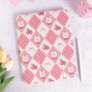 Cute and sweet pink strawberry and rabbit pattern four-corner anti-drop tablet case, with pen slot and foldable design,Suitable for iPad Mini, Air, Pro 4,5,6,7(2017,2018,2019,2020,2021,2022,2023,2024,2025 models),and Samsung S6,7,8,9,10FE + A7 LTE tablet