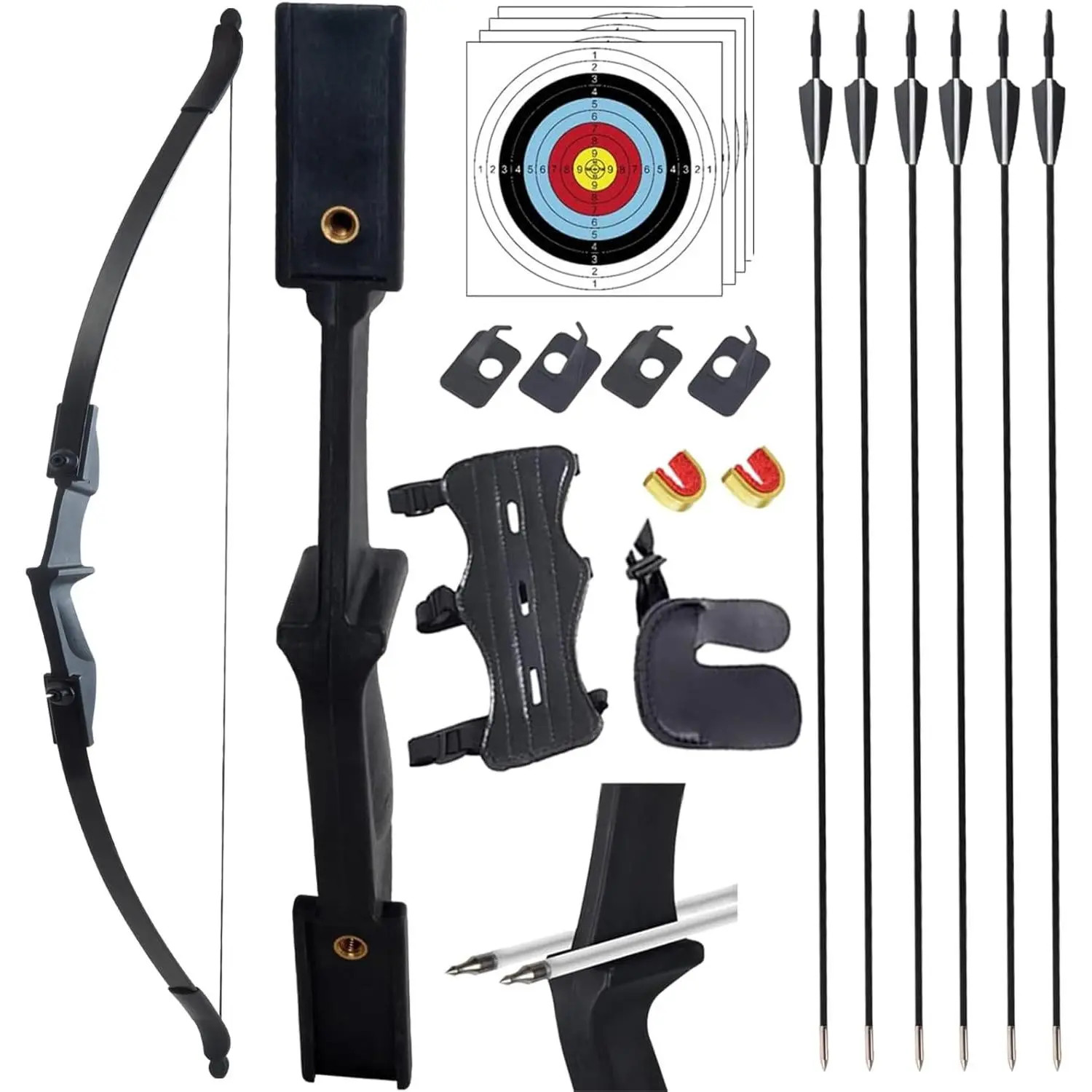 Takedown Recurve Bow Archery Set for Adult Beginners, 30lb Draw Weight with Ambidextrous Handle, Complete Kit Includes 6 Arrows, Targets, Arm Protection Guard, 4 Replacement Arrow Rests, 2 Nocking Points, 5 High-Visibility Target Faces, 6 Practice Arrows